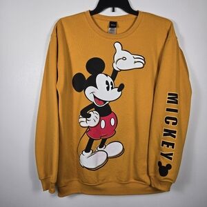 Disney Mickey Mouse Mustard Yellow Graphic Crew Neck Sweatshirt Adult Size Large